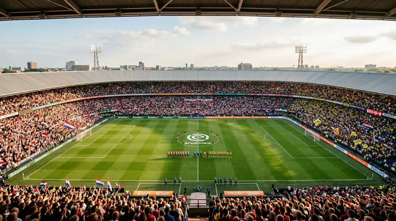 Vista panorámica de estadio de la Eredivisie con aficionados llenando las gradas
